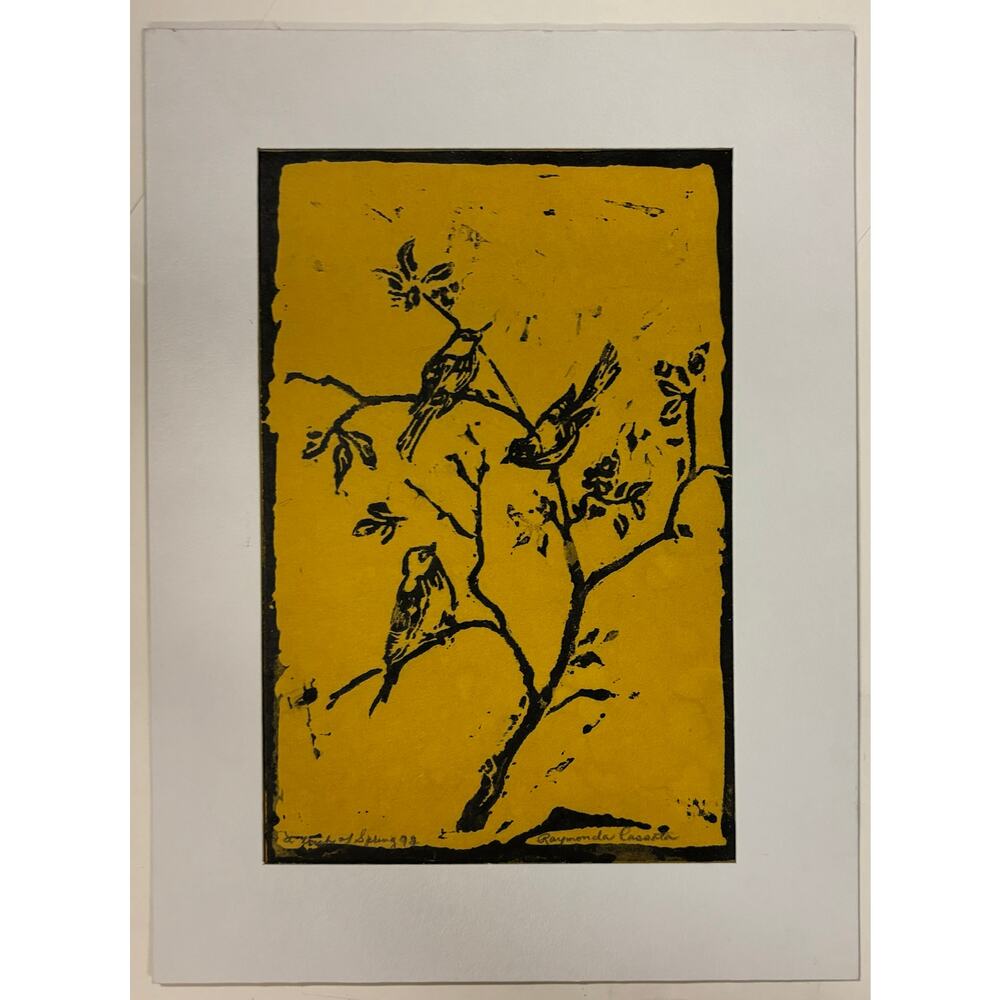 Vintage mid century linoleum block print art birds nature